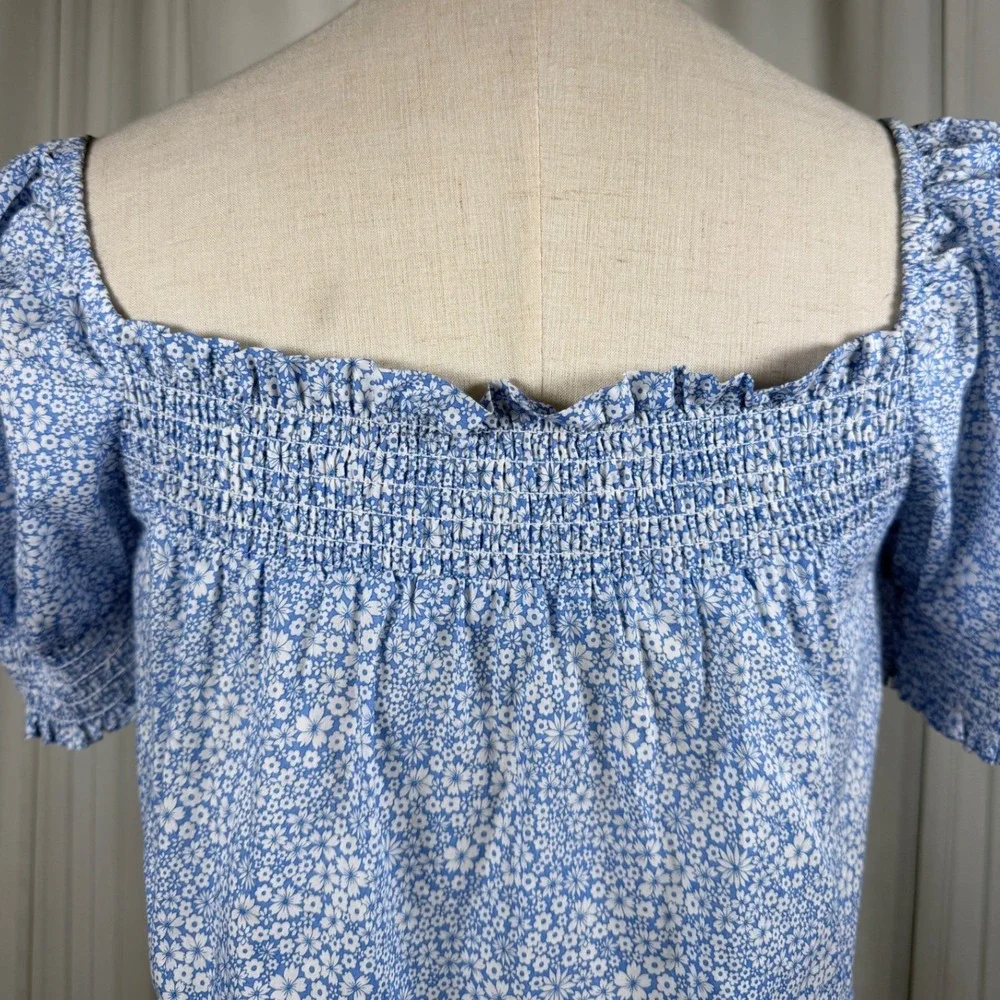 J.Crew XXS Liberty Fabric Floral Smocked Puff Sleeve Top Cotton Blue